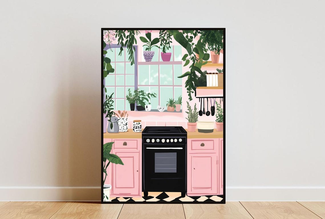 Pink Boho Kitchen With Black Stove Plant Lover Illustration Poster