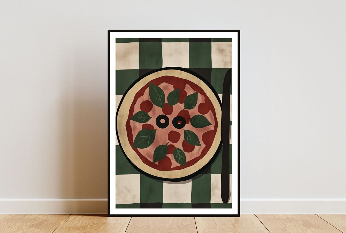 Cute Retro Pizza Face Green Checkered Tablecloth Kitchen Art Poster