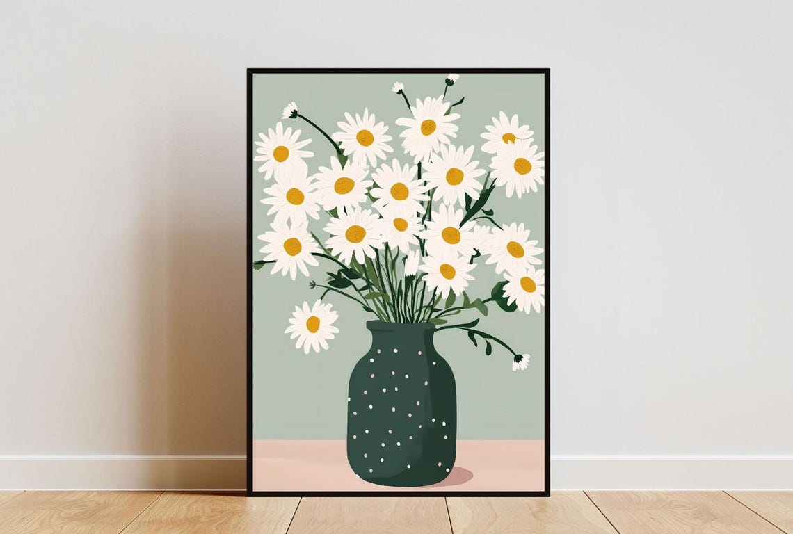 White Daisy Bouquet In Green Vase Fresh Modern Floral Poster
