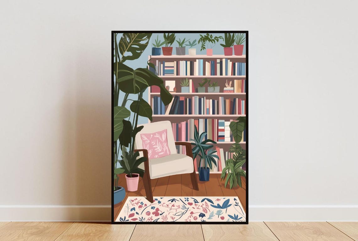 Cozy Library Reading Nook Bookshelf Armchair Plant Illustration Poster