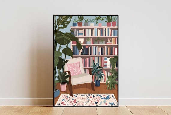 Cozy Library Reading Nook Bookshelf Armchair Plant Illustration Poster
