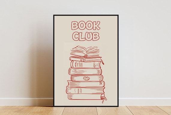 Book Club Poster With Red Line Art Stack Of Books For Reading Corner