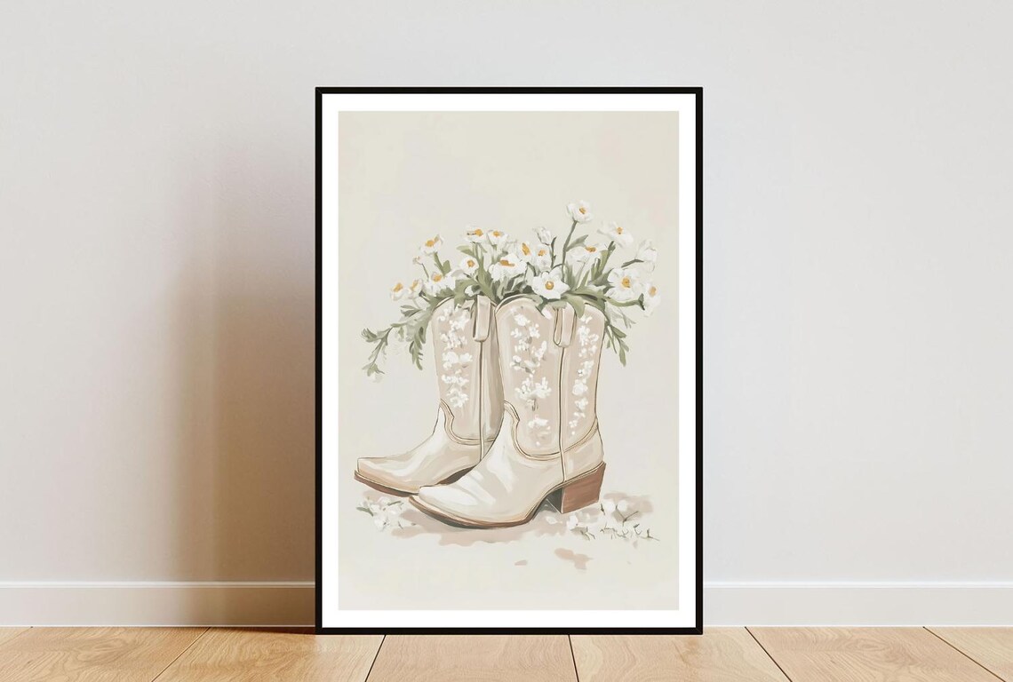Cowgirl Boots Cowboy Print, Floral Garden Art Print