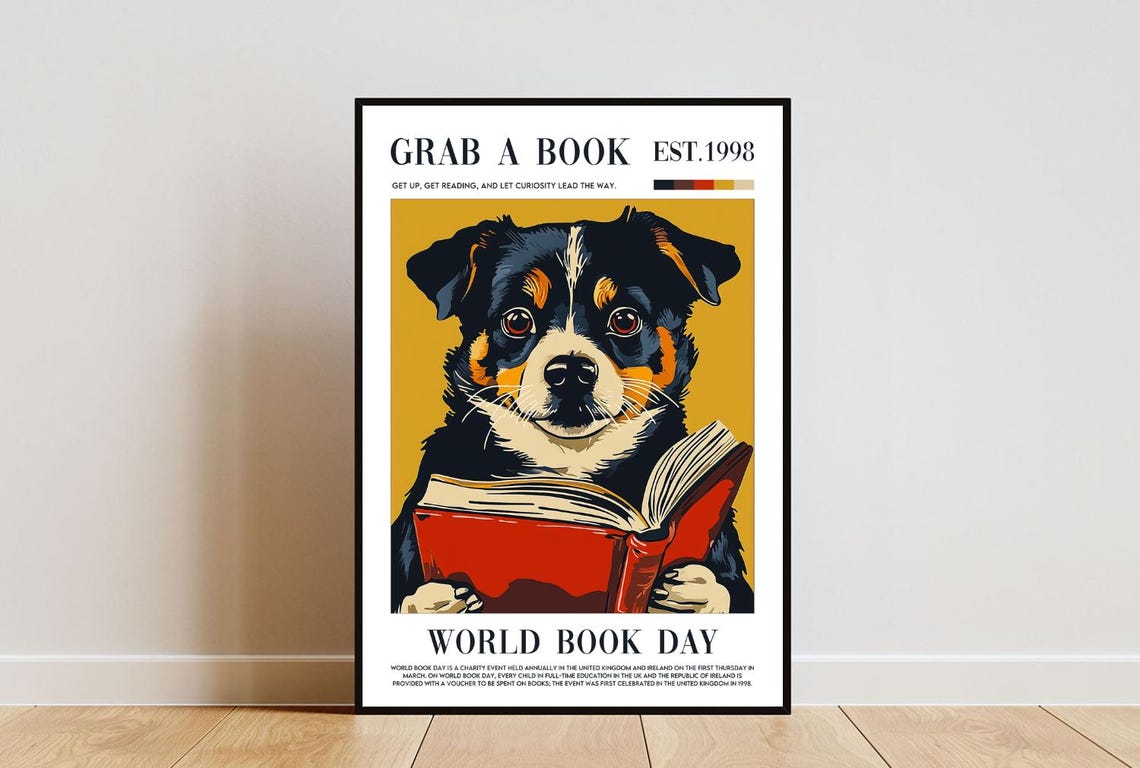 World Book Day Poster Book Print Book Wall Art Book Art Poster Dog Print Living Room Print Vintage Wall Art Book Art Bookshelf Print