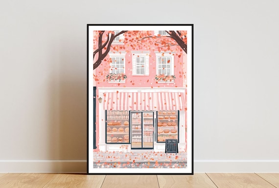 Pink Bakery Storefront Autumn Poster With Bread Window And Falling Leaves