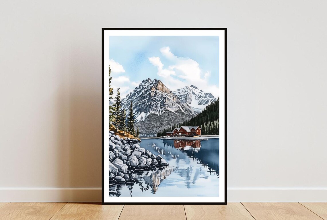 Banff Mountain Lake Rocky Shore Alpine Lodge Watercolor Art Poster