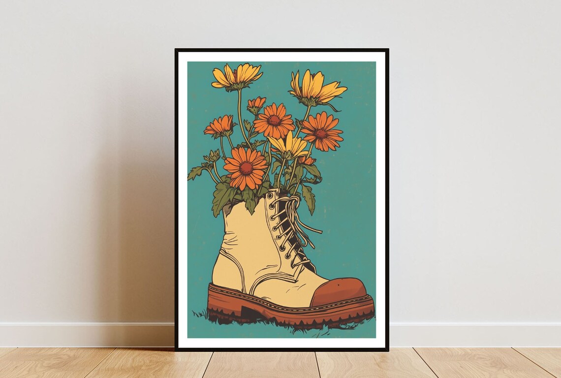 Wildflowers Growing From Lace Up Boot Vase Quirky Retro Poster