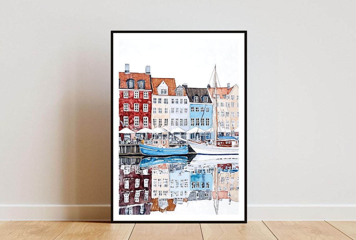 Copenhagen Nyhavn Colorful Harbor Watercolor Waterfront Art Poster