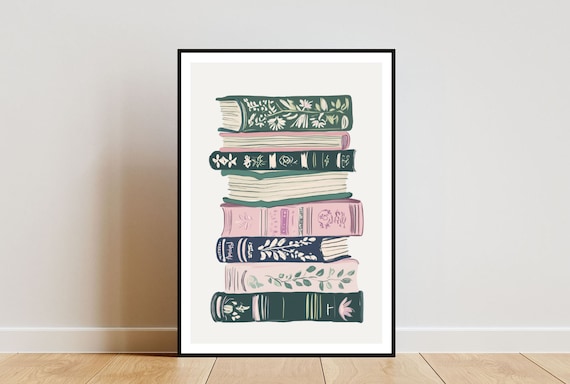 Vintage Floral Book Stack Illustration Poster Green And Pink Spines