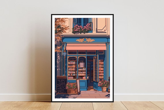 Blue Bookshop Storefront With Pink Awning And Flower Boxes Poster