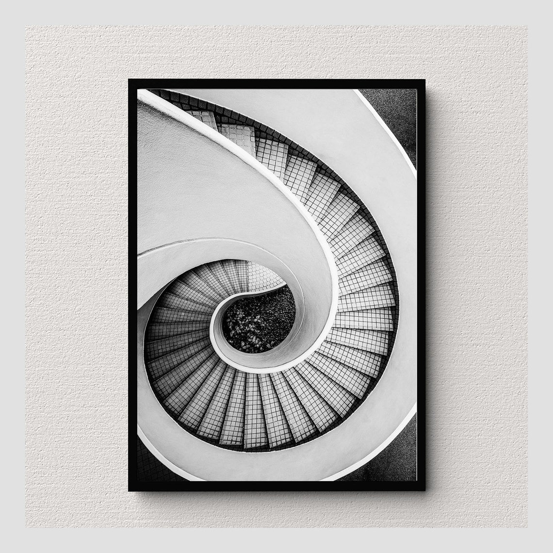 Black and White Spiral Staircase Architecture Photo Wall Art