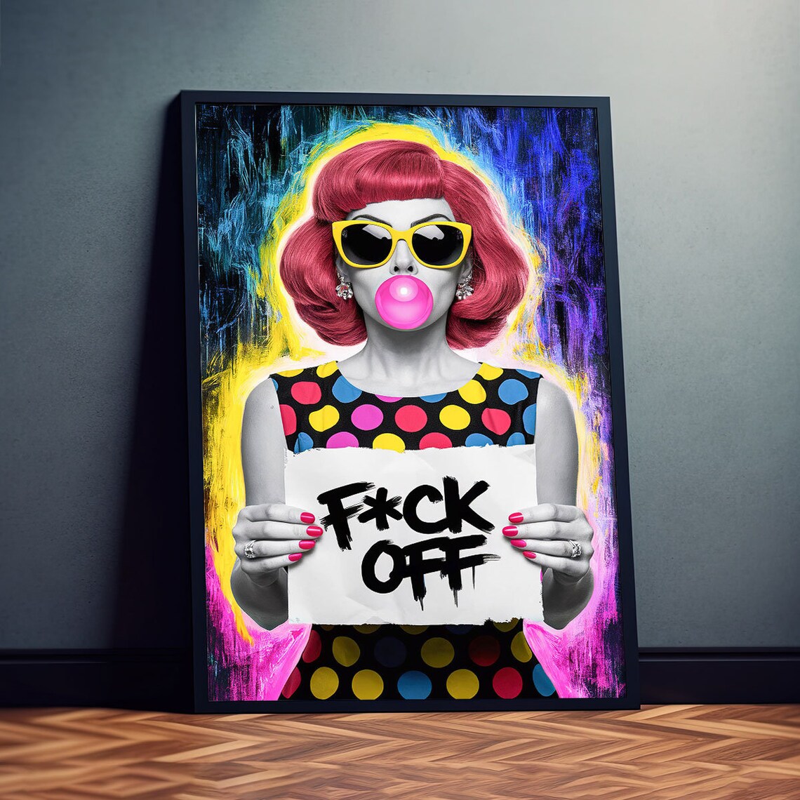 Colorful Pop Art Woman F*CK Off Sign Red Hair Bubble Gum Fun Poster