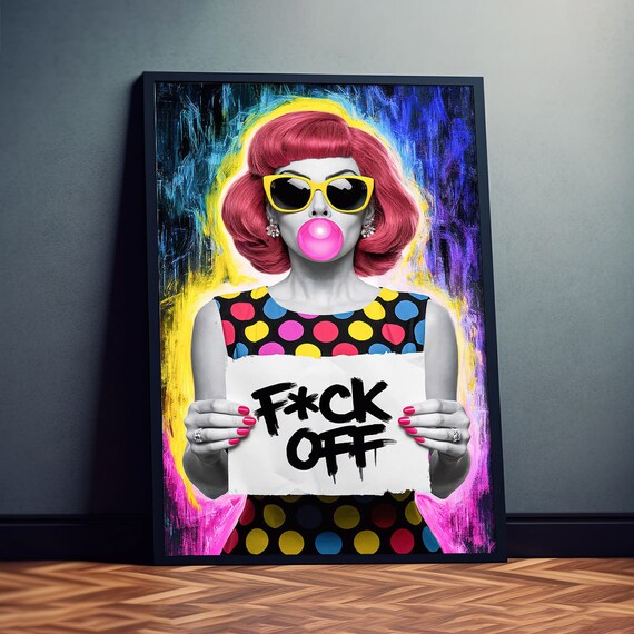 Colorful Pop Art Woman F*CK Off Sign Red Hair Bubble Gum Fun Poster