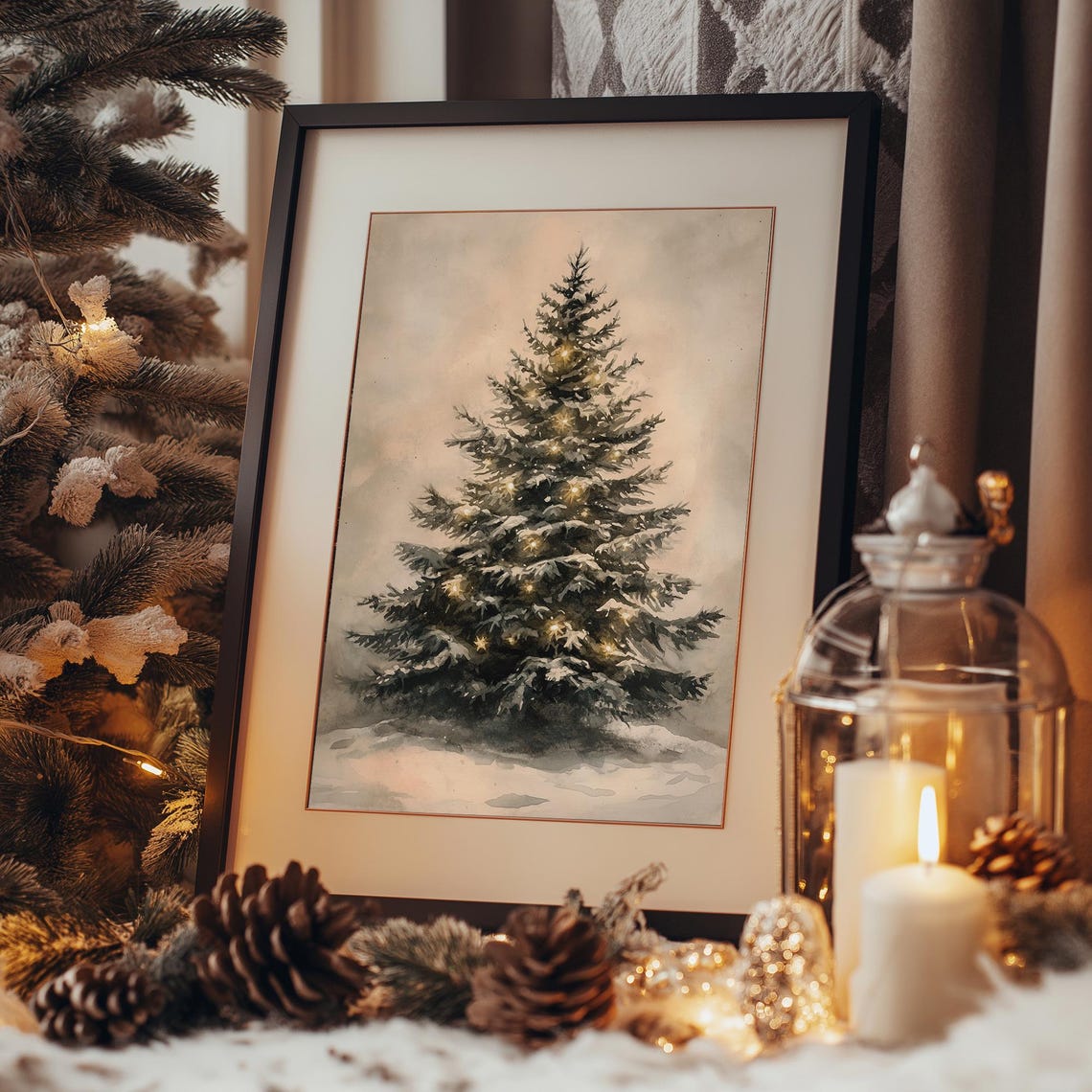 Snow Covered Christmas Tree With Warm Lights Watercolor Winter Poster - Image 3