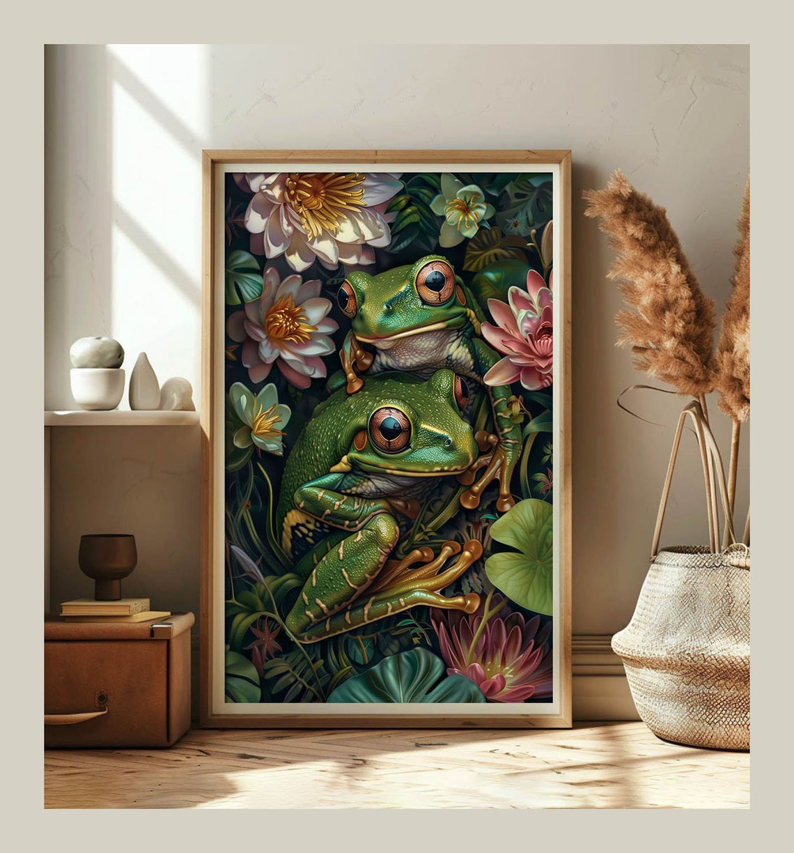 Two Green Tree Frogs Among Blossoms Tropical Floral Art Poster