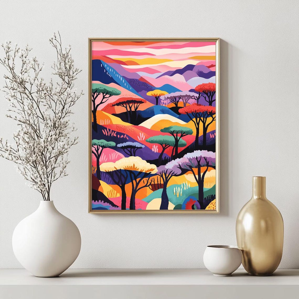 Vibrant Abstract Mountain Hills Trees Colorful Landscape Wall Art - Image 2
