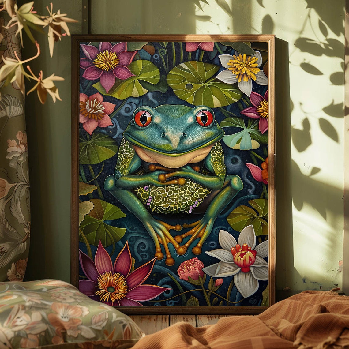 Green Tree Frog Lotus Flowers Midnight Pond Whimsical Art Poster - Image 4