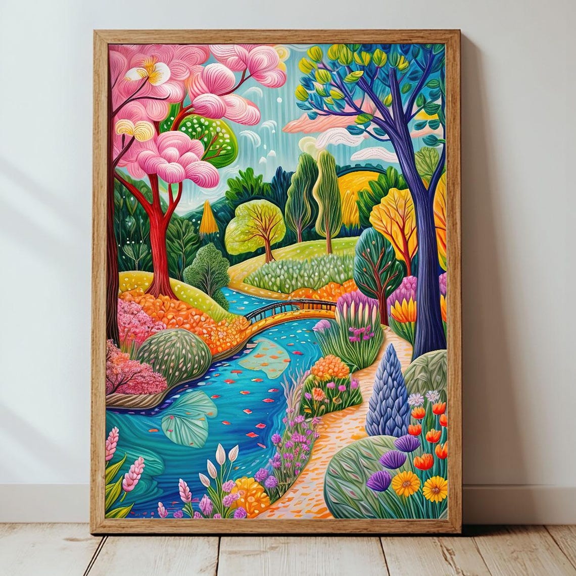 Whimsical Storybook Garden Stream Bridge Colorful Nature Wall Art