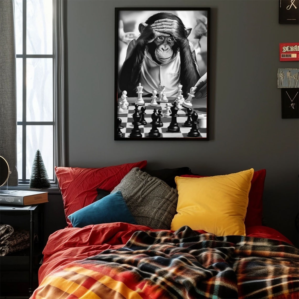 Chimpanzee Playing Chess Funny Black And White Monkey Poster - Image 4