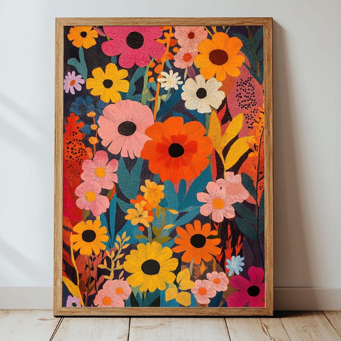 Colorful Wildflower Meadow Folk Art Style Vibrant Floral Garden Poster