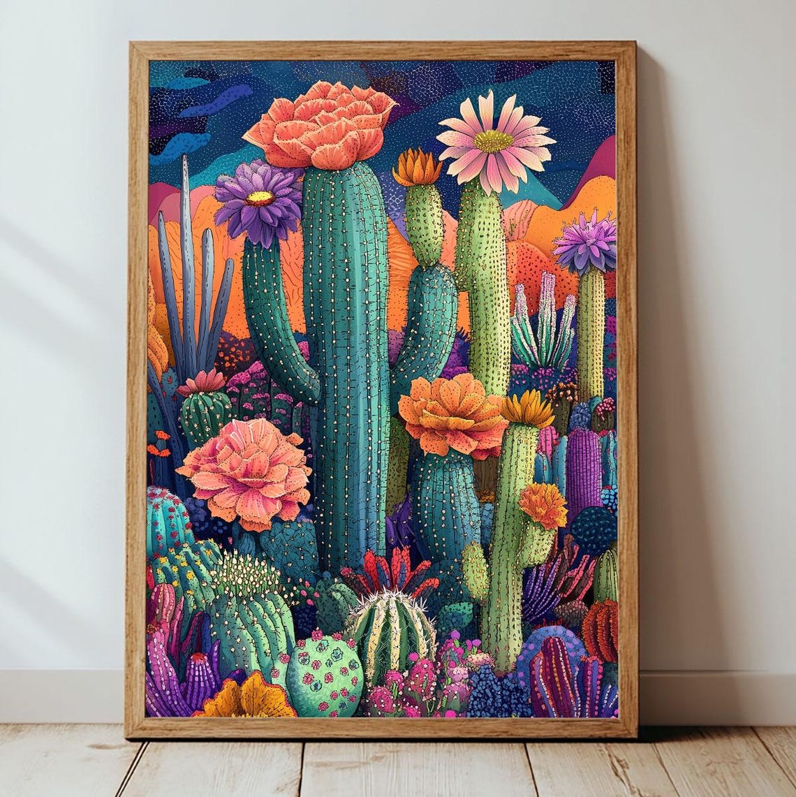 Tall Blooming Cacti With Giant Flowers Neon Desert Night Scene Poster