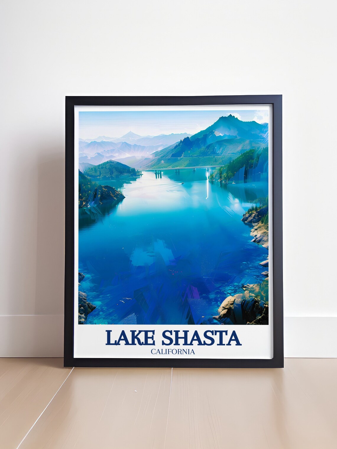 Aerial View of Blue Lake Shasta With Mountain Peaks Travel Poster - Image 4