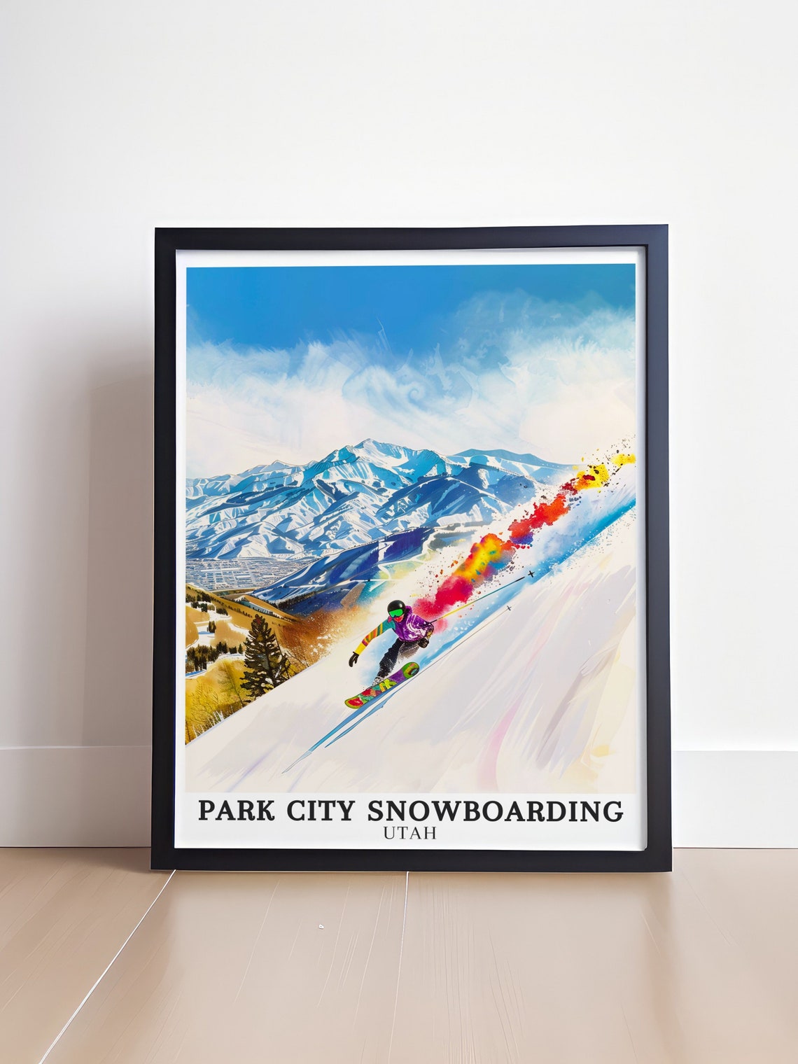 Park City Snowboarding Utah Rainbow Spray Carve Watercolor Poster - Image 4
