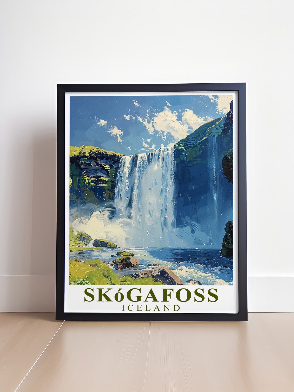 Skogafoss Iceland Waterfall Cascading Mossy Cliffs Powerful Poster - Image 3