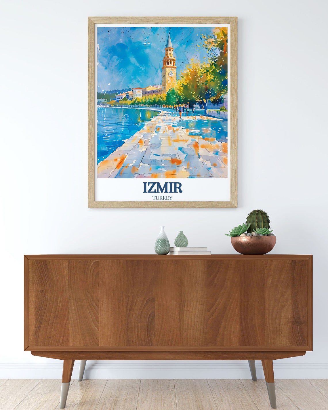 Izmir Turkey Clock Tower Promenade Watercolor Bay View Poster - Image 3
