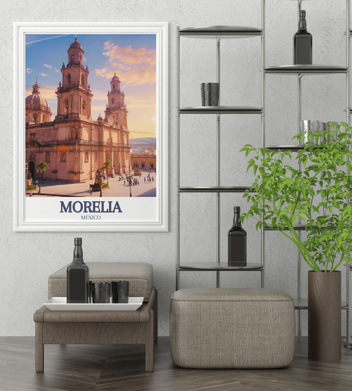 Morelia Mexico Cathedral Pink Stone Plaza Sunset Travel Poster - Image 2