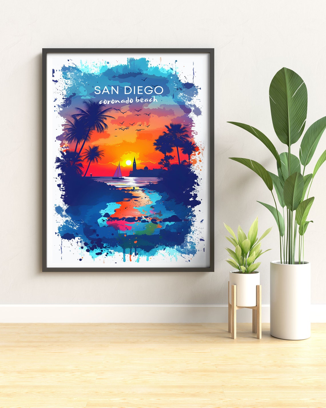 San Diego Coronado Beach Sunset Palms Watercolor Travel Poster - Image 3