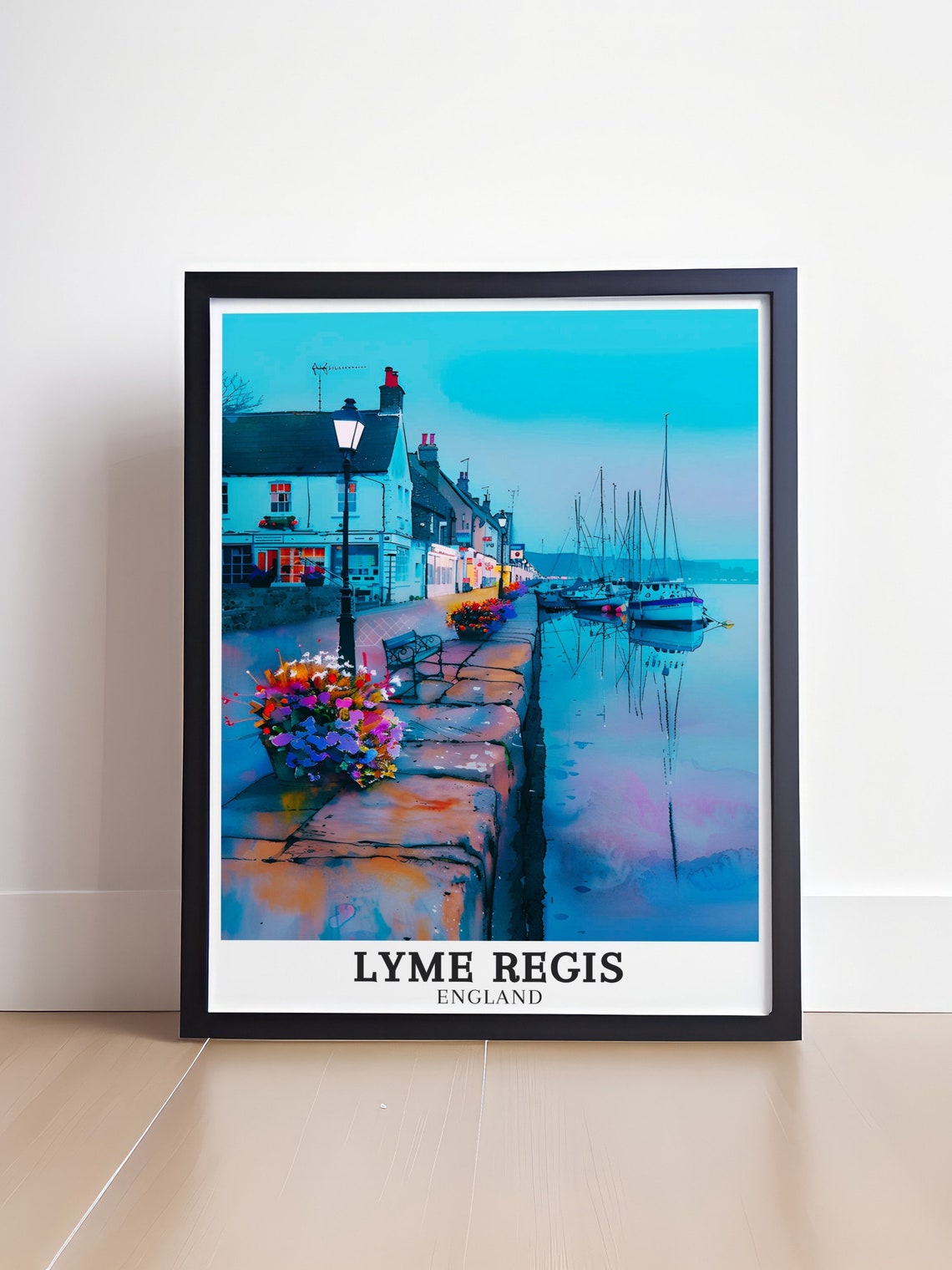 Lyme Regis England Cobb Harbour Dusk Waterfront Watercolor Poster - Image 4