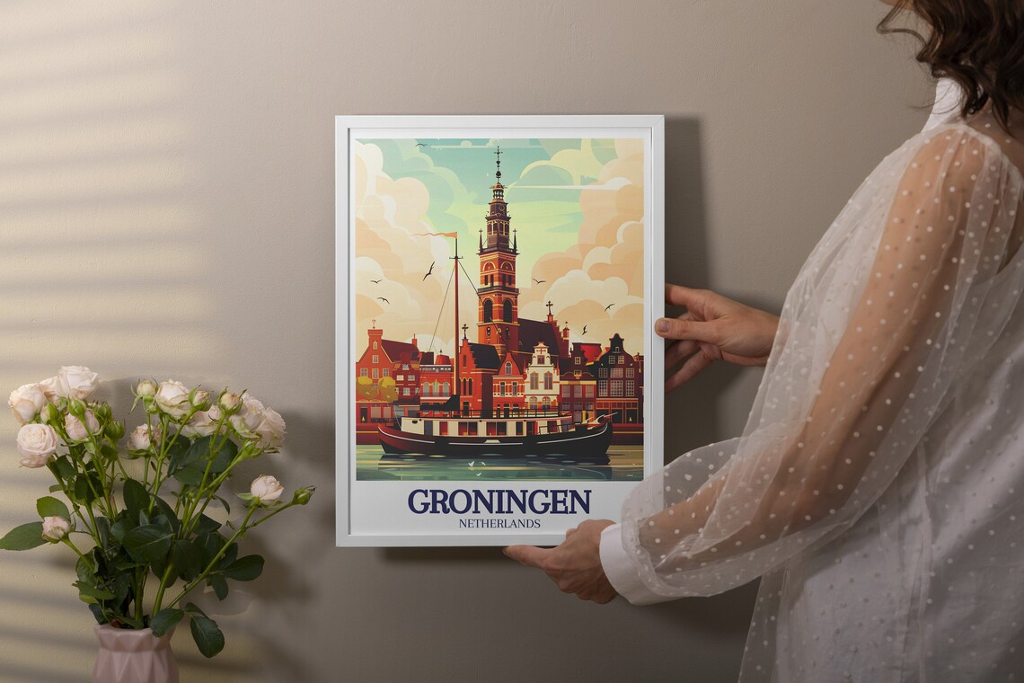 Groningen Canal Boat and Aa Church Gabled Houses Dutch City Poster - Image 2