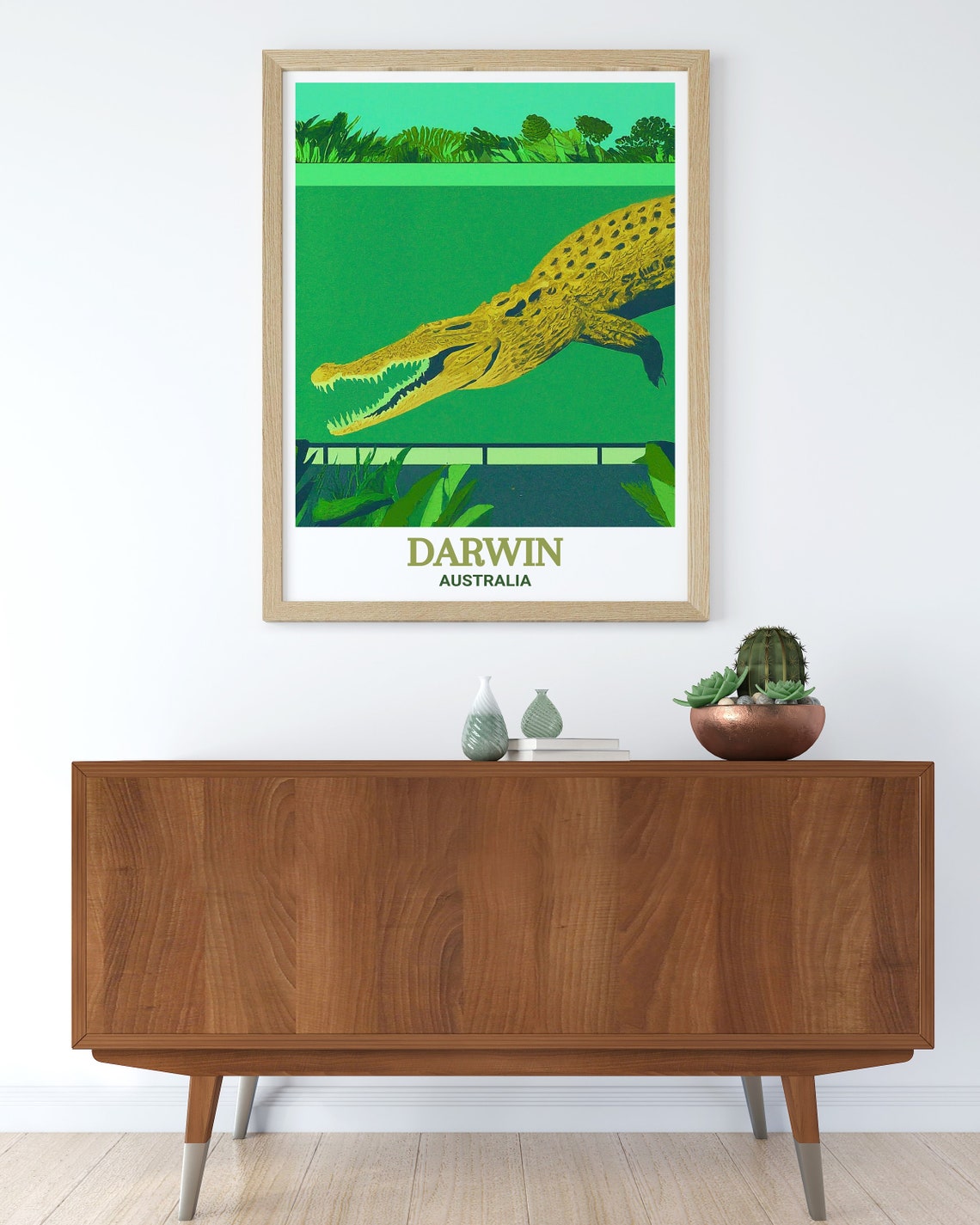 Darwin Australia Saltwater Crocodile Vivid Green Retro Art Poster - Image 2