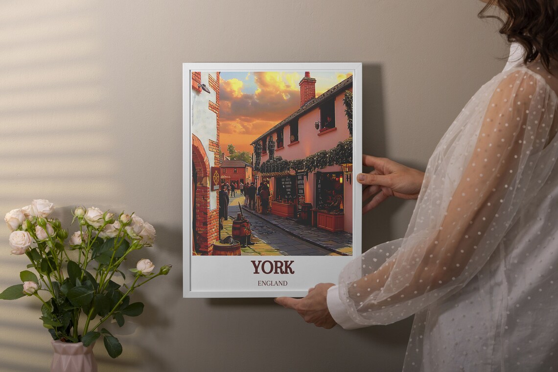 York Medieval Viking Street Golden Sunset Pubs Travel Poster - Image 3