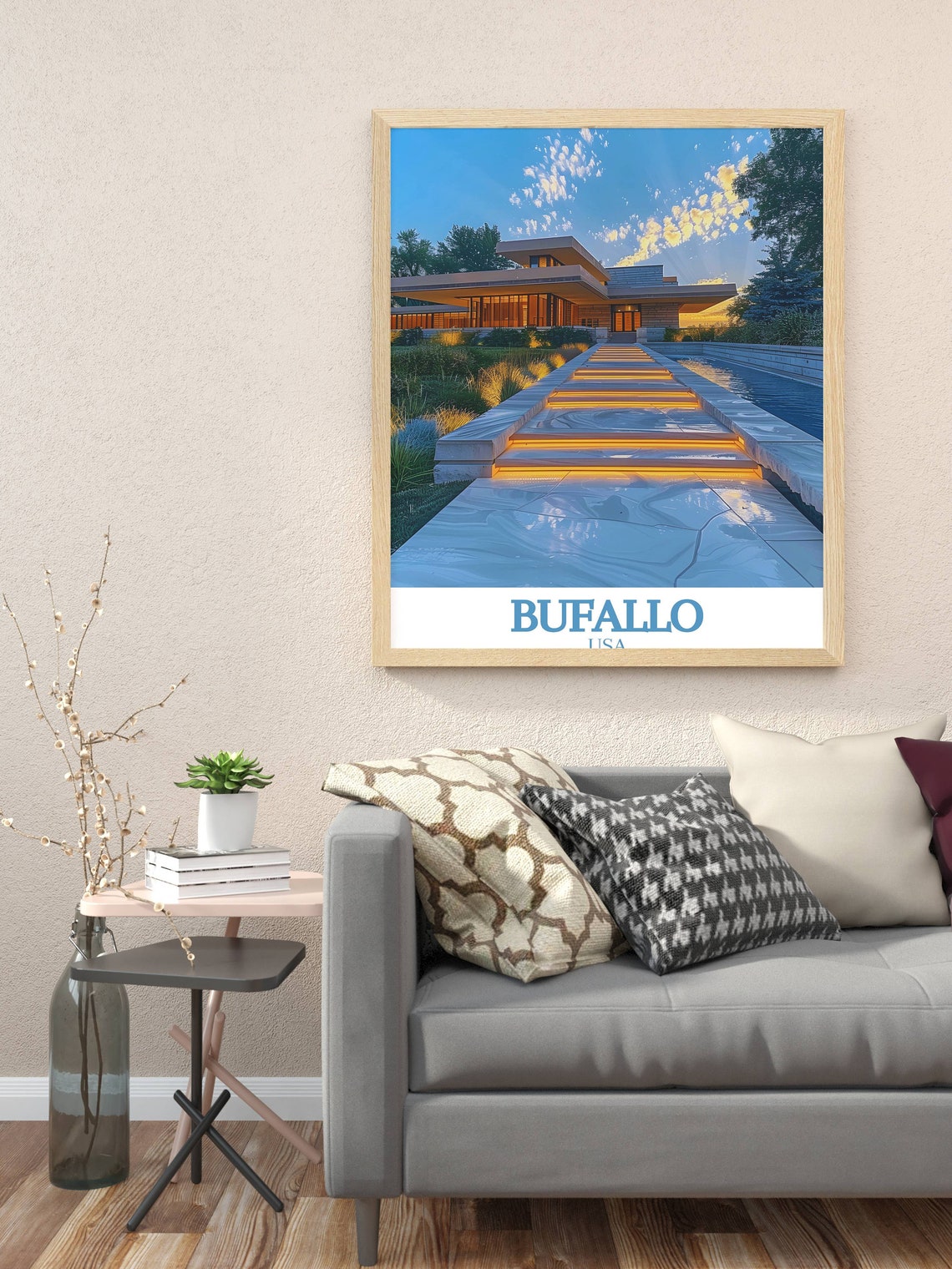 Buffalo USA Wright Style House Glowing Warmly At Dusk Poster - Image 3