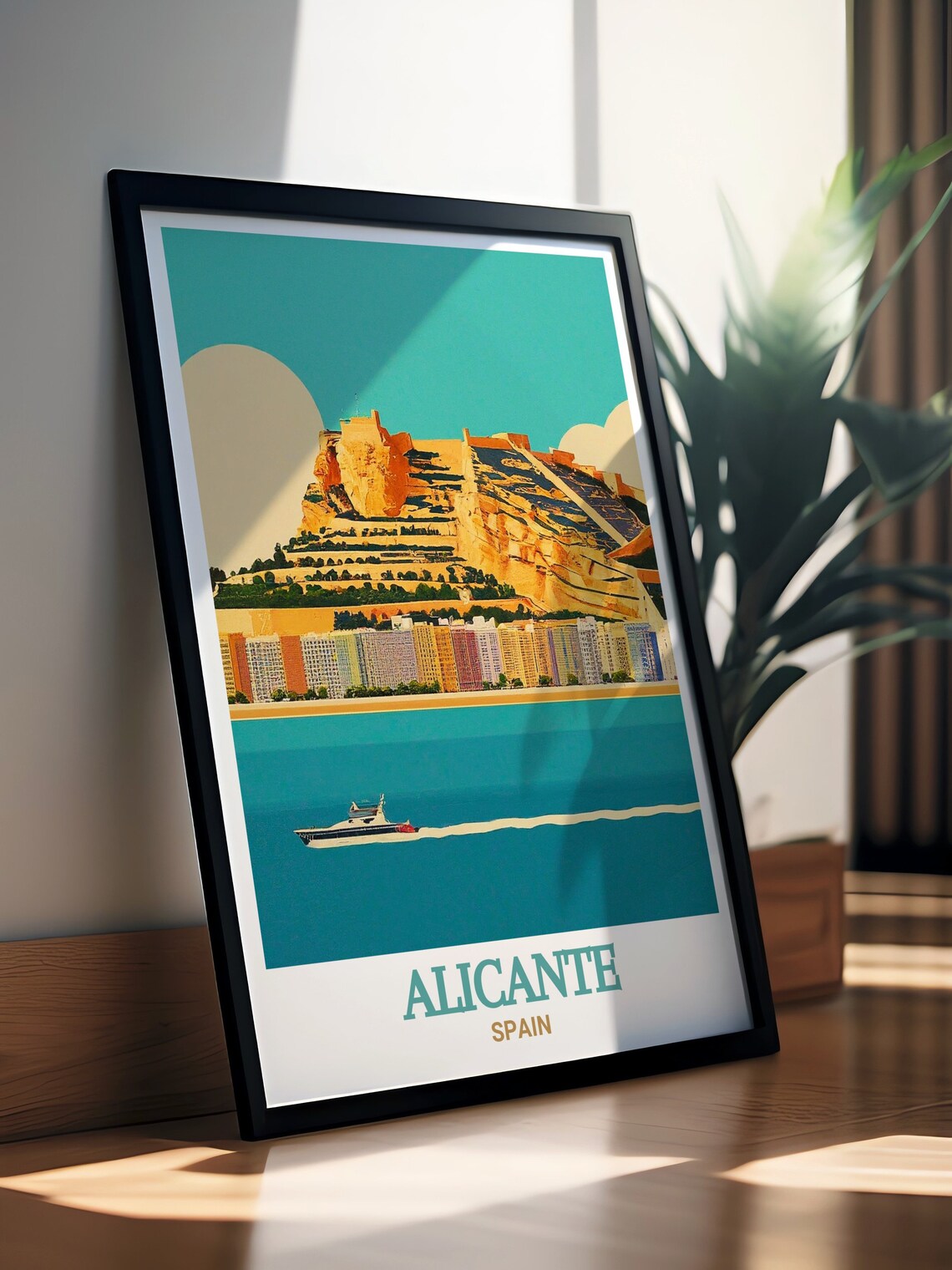 Alicante Santa Barbara Castle Yacht Teal Sun Spain Harbor Poster - Image 3