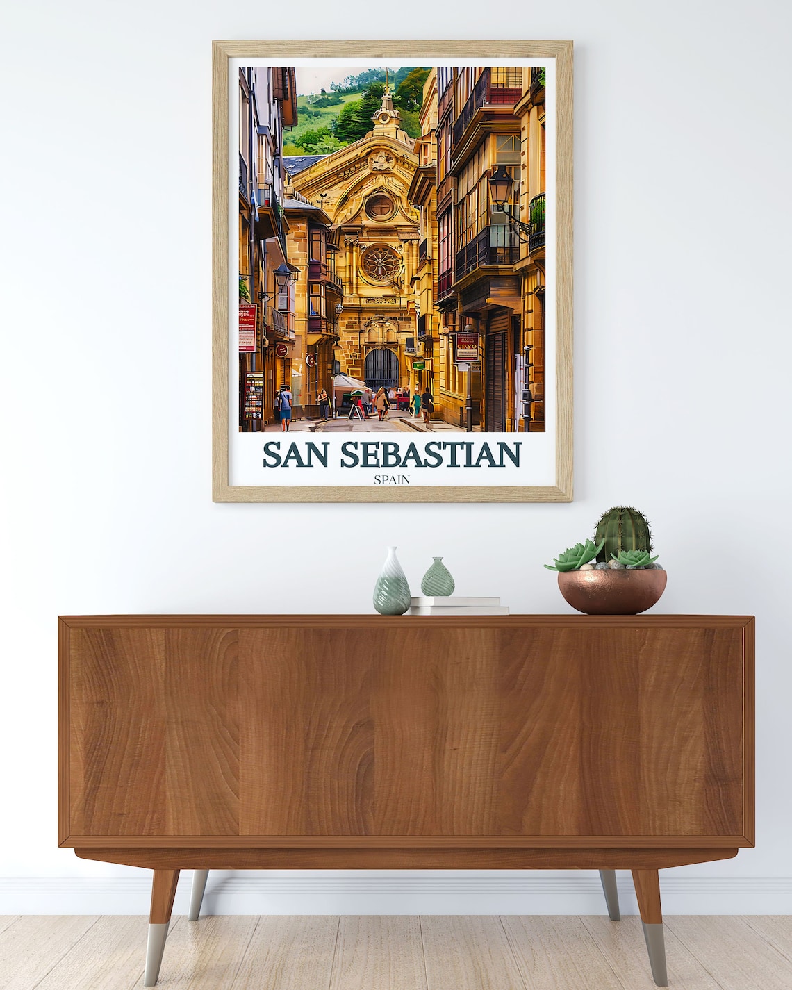 San Sebastian Basque Old Town Church Street Golden Travel Poster - Image 2