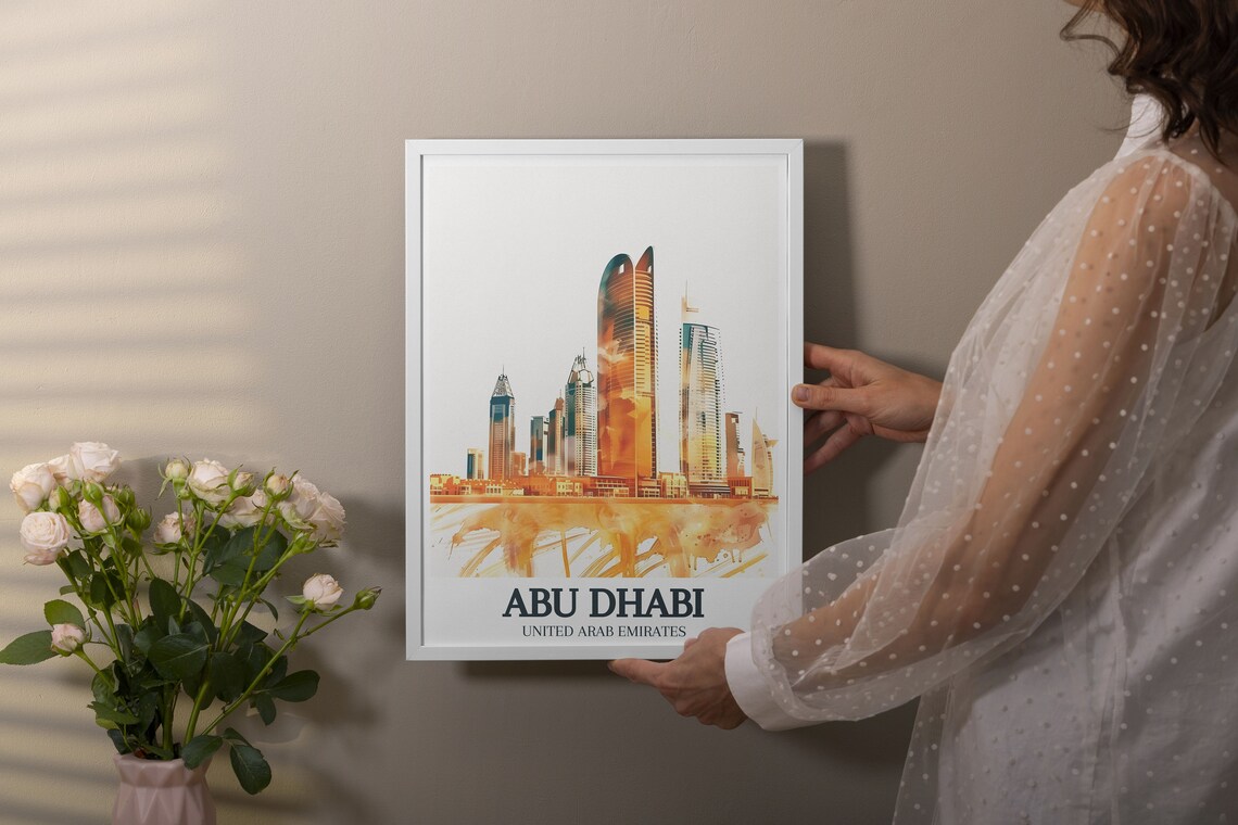 Abu Dhabi Skyline Golden Watercolor Etihad Towers Travel Poster - Image 2