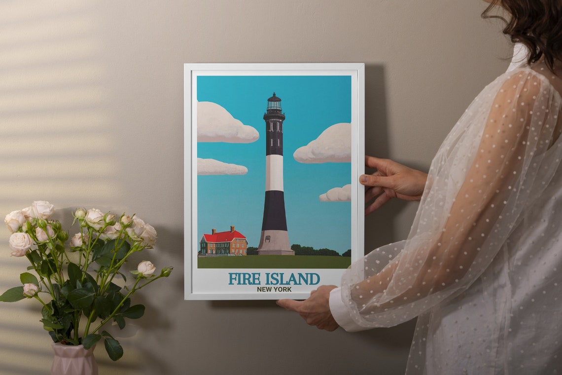 Fire Island New York Lighthouse Black White Tower Clouds Poster - Image 2