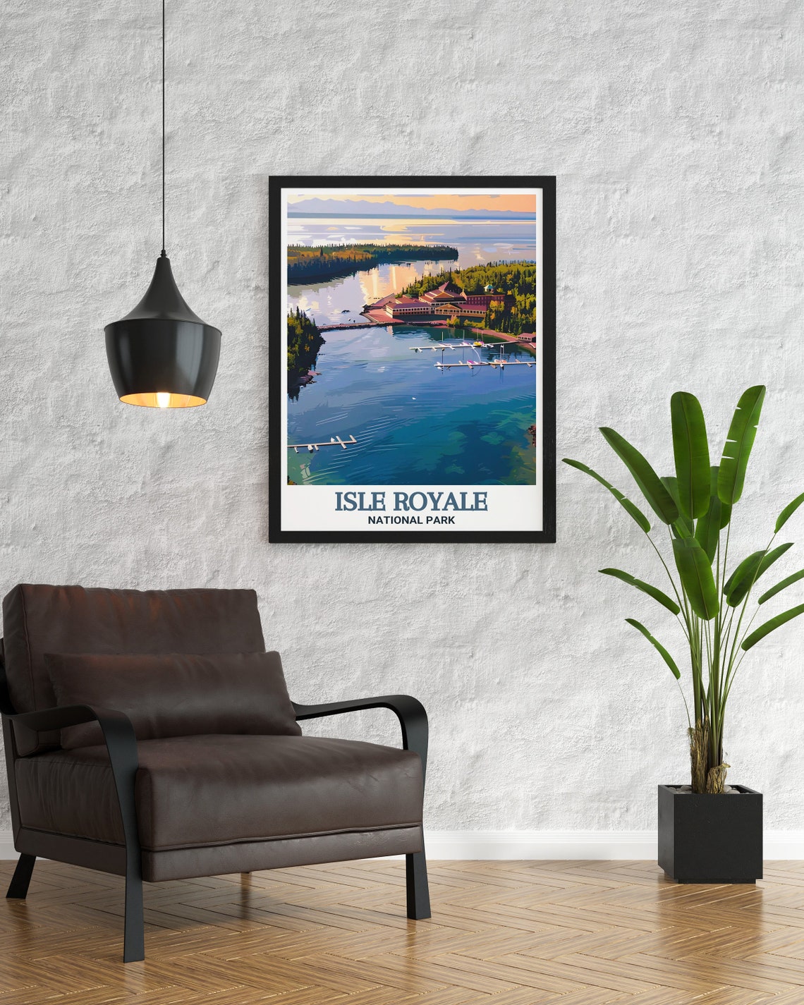 Isle Royale Rock Harbor Lodge Aerial Lake Sunset Travel Poster - Image 3