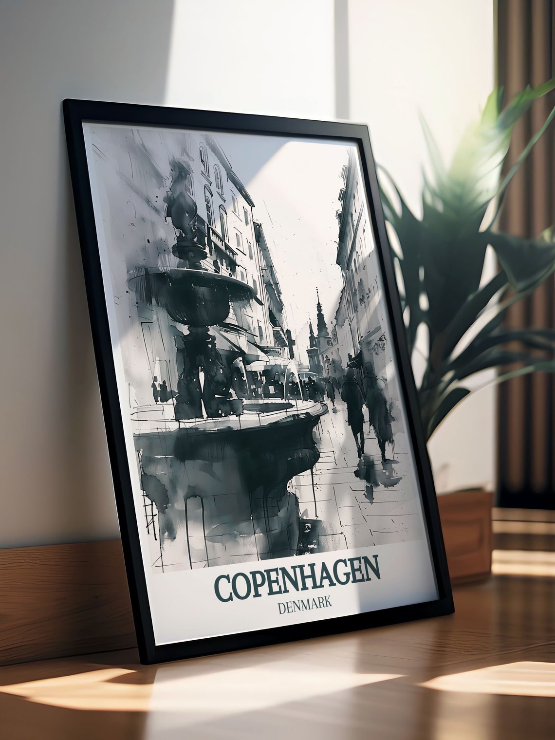 Copenhagen Travel Poster Copenhagen Travel Print Strget Street And Stork Fountain Artwork Strget Street And Stork Fountain Decor - Image 3
