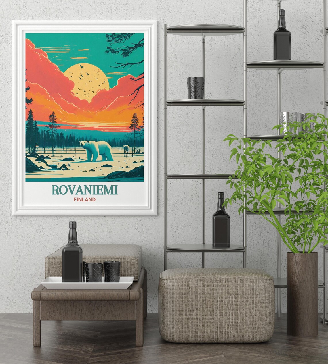 Rovaniemi Finland Poster with Polar Bear in Arctic Sunset Scene - Image 3