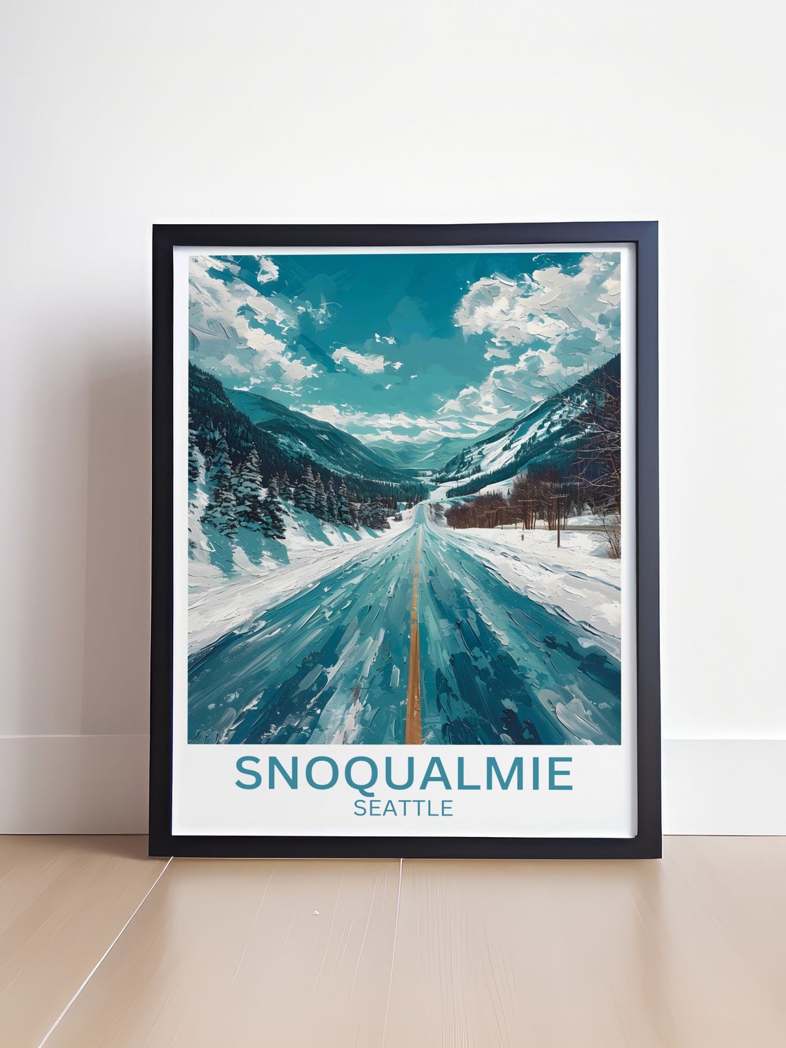 Snoqualmie Washington Snowy Valley Road Through Pines Poster - Image 4