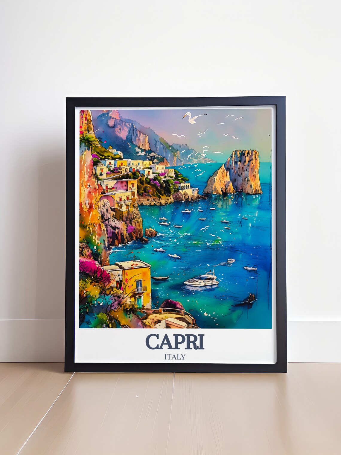 Capri Italy Marina Watercolor Boats Faraglioni Coast Travel Poster - Image 4