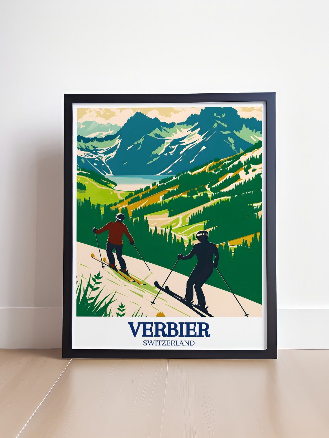 Verbier Switzerland Skiers Descending Alpine Valley Meadow Poster - Image 4
