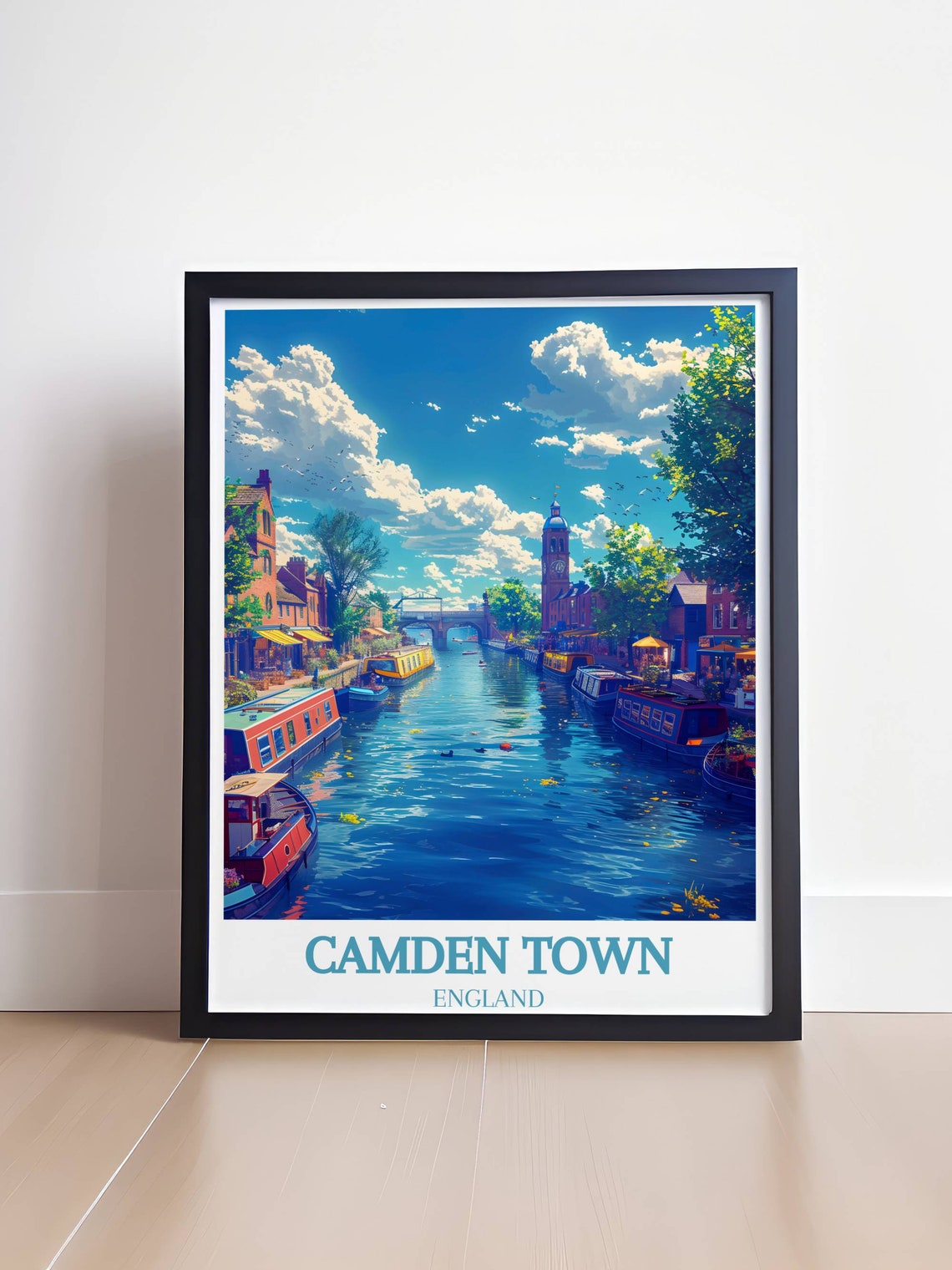 Camden Town England Canal Narrowboats Clock Tower View Poster - Image 4