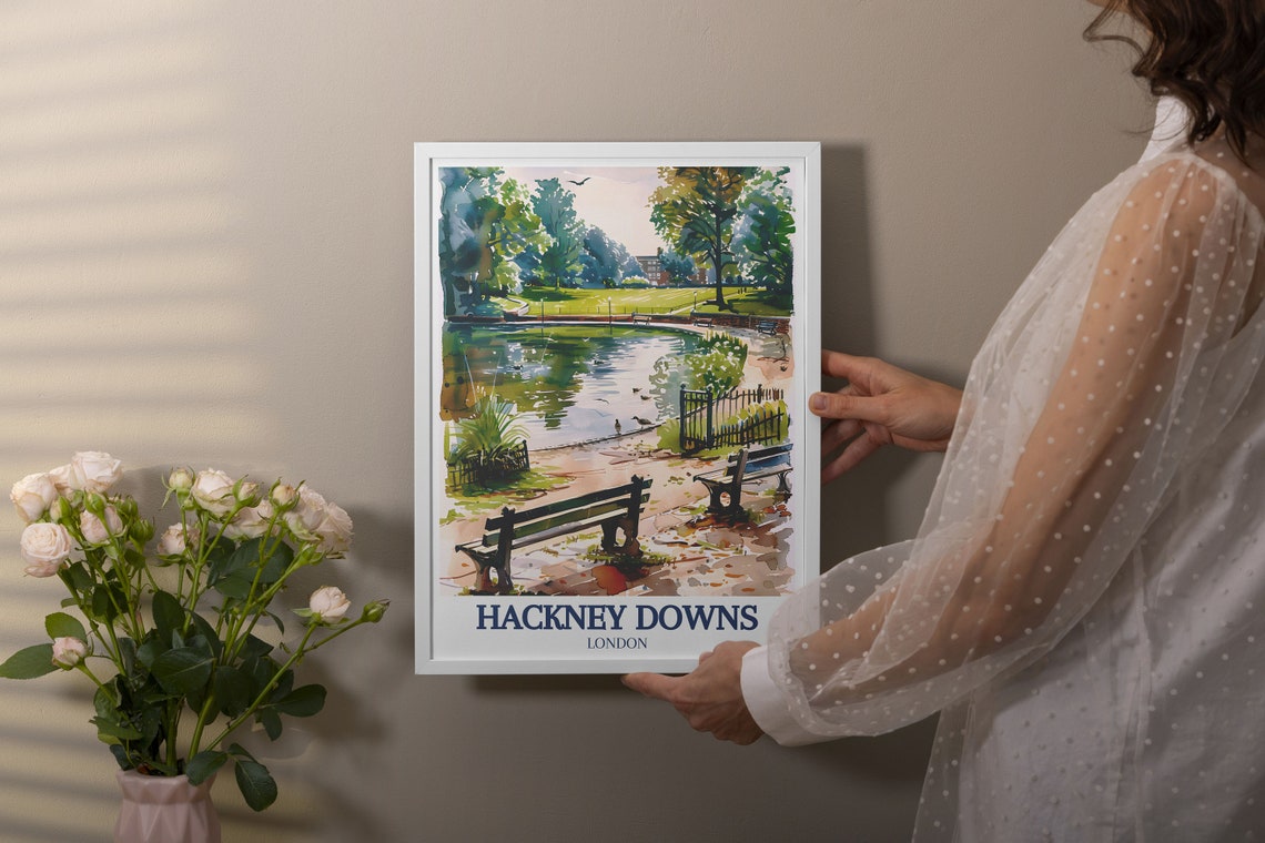 Hackney Downs London Duck Pond Benches Watercolor Scene Poster - Image 3
