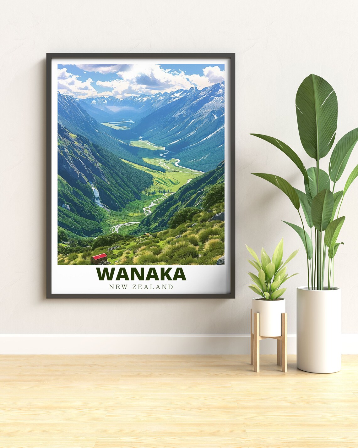 Wanaka New Zealand Green Valley With Red Hut Vista Travel Poster - Image 2