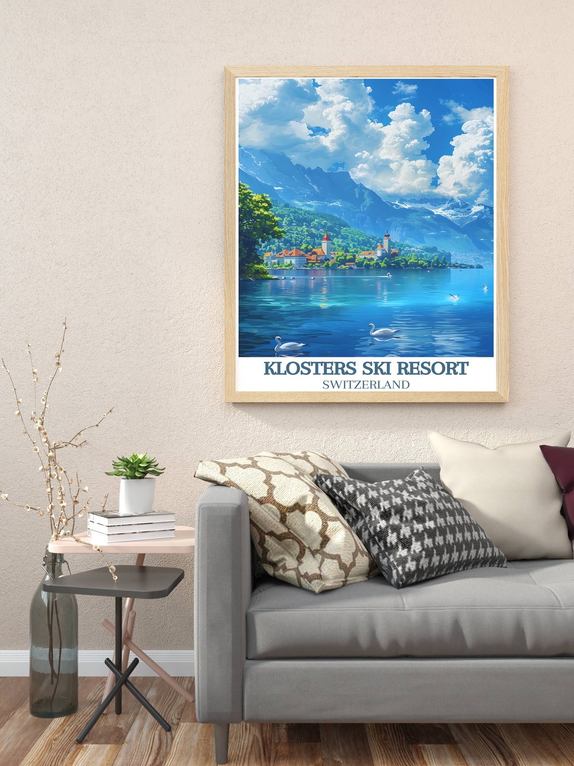 Swiss Alpine Lakeside Town Church Spires Swans and Snowy Peaks Poster - Image 3